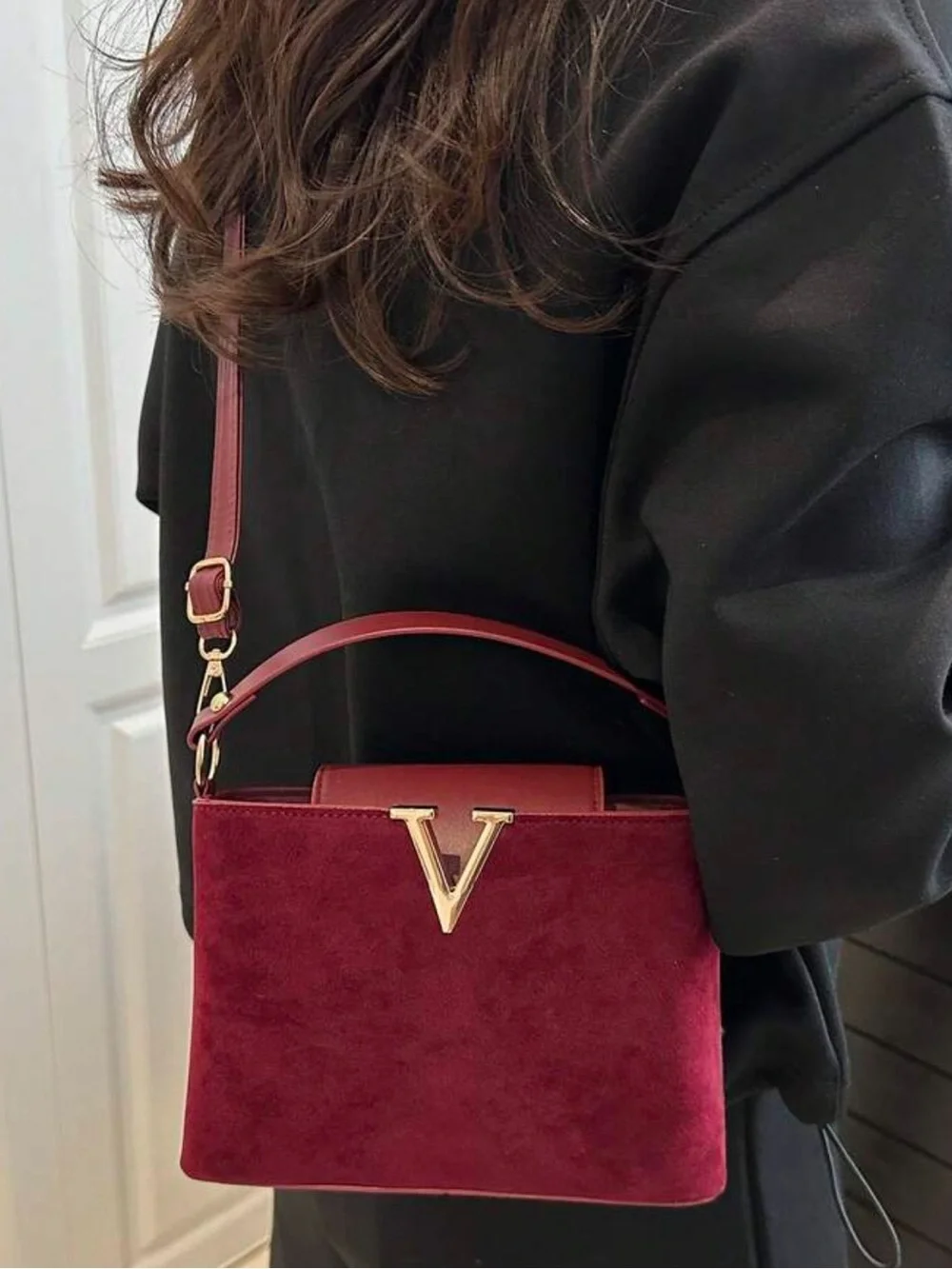 Structured Suede Shoulder Bag in Burgundy with Gold V Accent